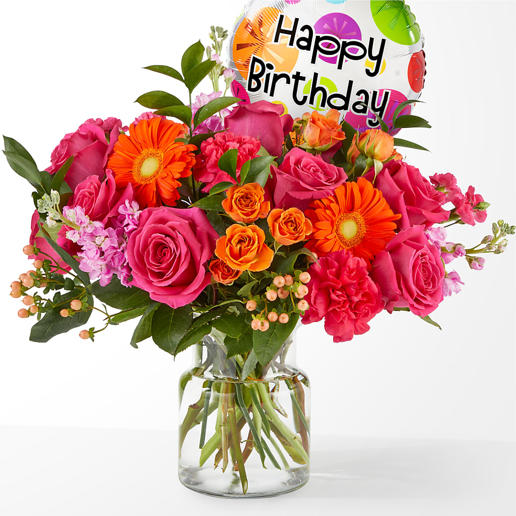 Fiesta Bouquet with Birthday Balloon – Rhonda Wolke Designs, Ottawa OH