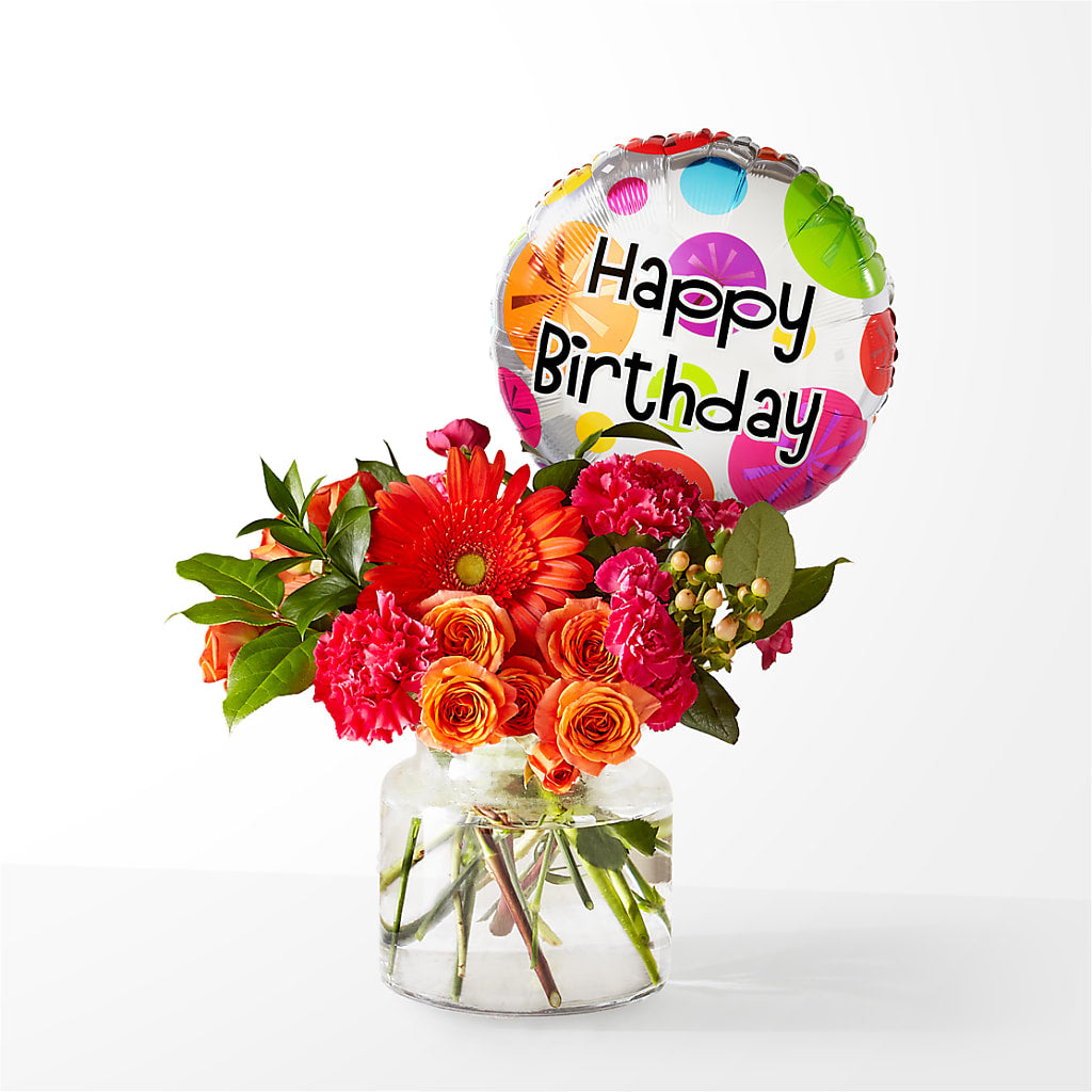 Fiesta Bouquet with Birthday Balloon – Rhonda Wolke Designs, Ottawa OH