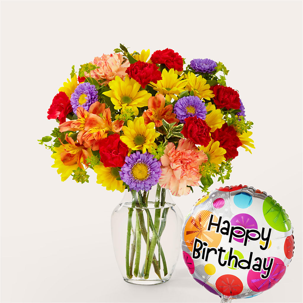 Kaleidoscope Bouquet with Birthday Balloon – Rhonda Wolke Designs, Ottawa OH