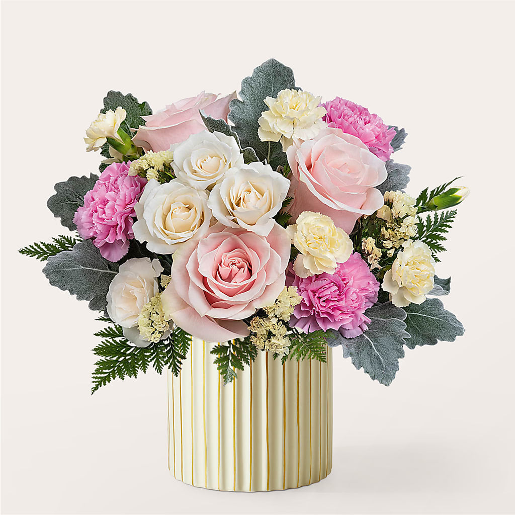 Blissful Moments Bouquet with Ivory Vase – Rhonda Wolke Designs, Ottawa OH
