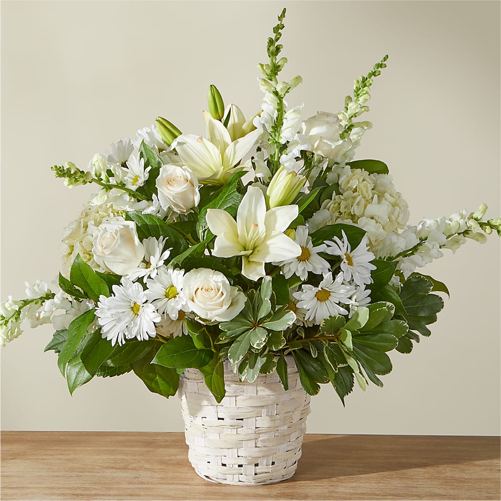 Ivory Elegance Floral Basket – Rhonda Wolke Designs, Ottawa OH