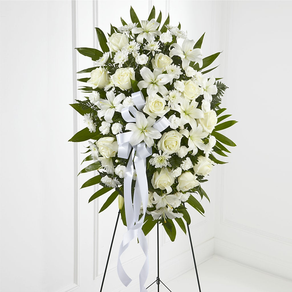 Exquisite Tribute Standing Spray-White Ribbon – Rhonda Wolke Designs, Ottawa OH