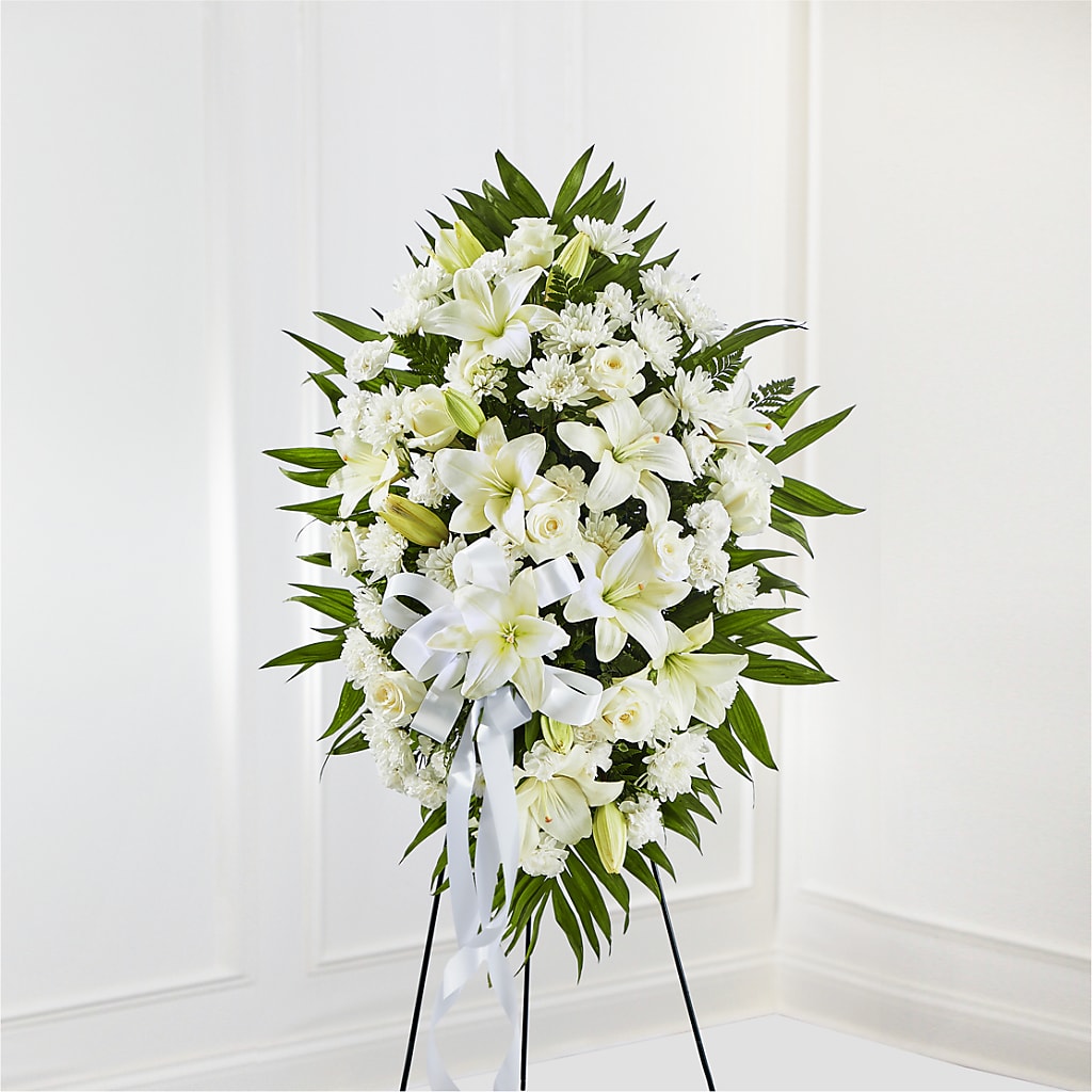 Exquisite Tribute Standing Spray-White Ribbon – Rhonda Wolke Designs, Ottawa OH