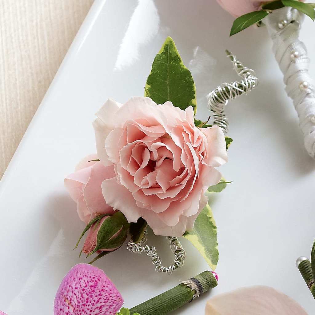 Pink Spray Rose Boutonniere – Rhonda Wolke Designs, Ottawa OH