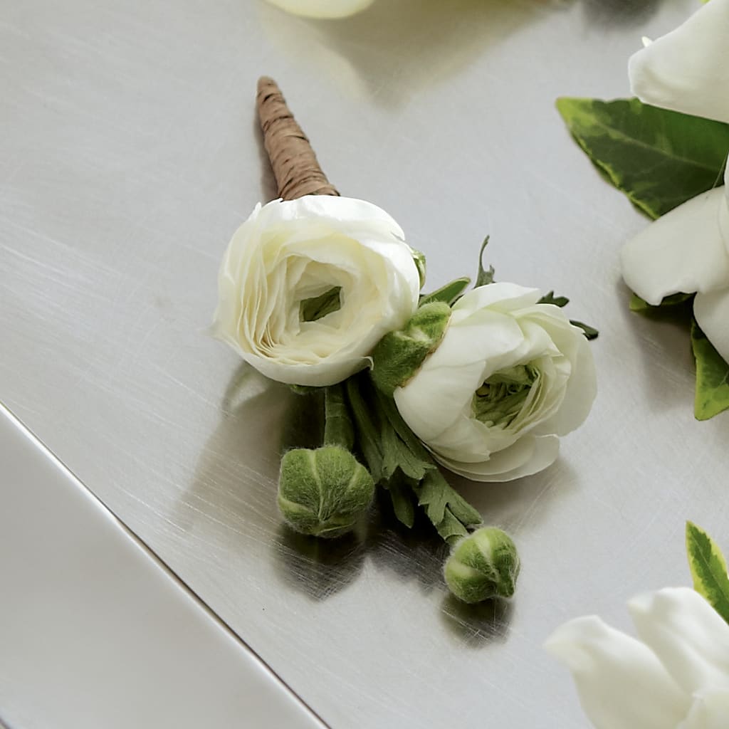 White Ranunculus Boutonniere – Rhonda Wolke Designs, Ottawa OH