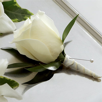 White Rose Boutonniere –  Rhonda Wolke Designs, Ottawa OH